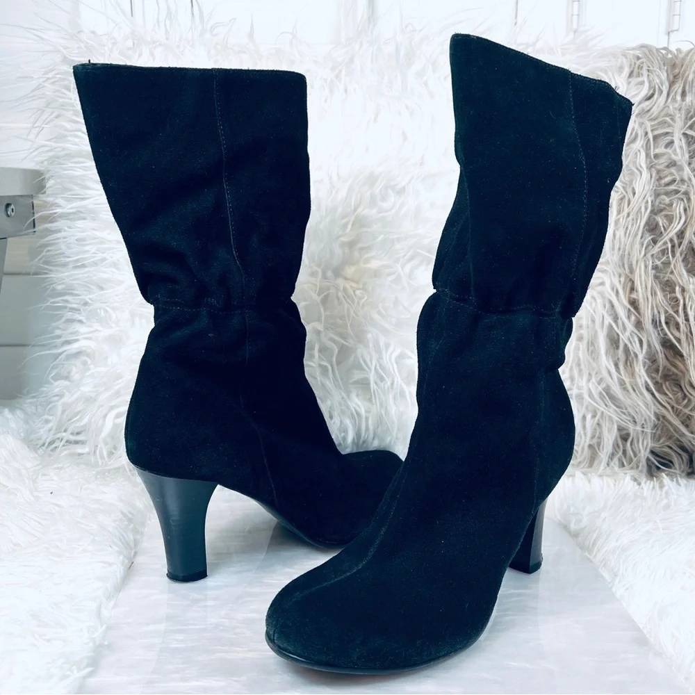 VINTAGE Rocker CHIC sz 7M Black Suede Leather Gathered High Heeled Boots